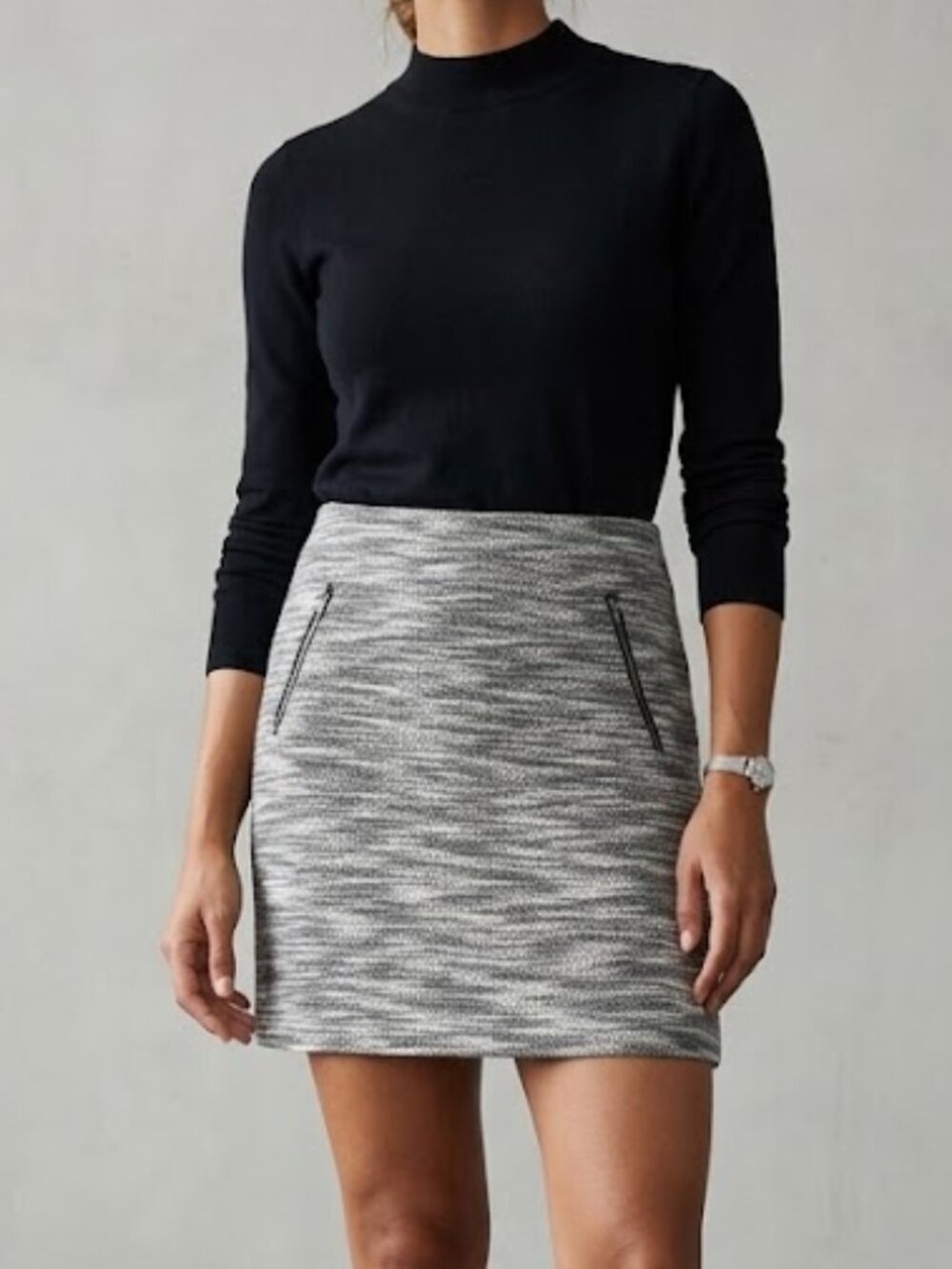 Ann Taylor Loft Size 8 Black White Tweed Straight Skirt Midi Zipper Office Work